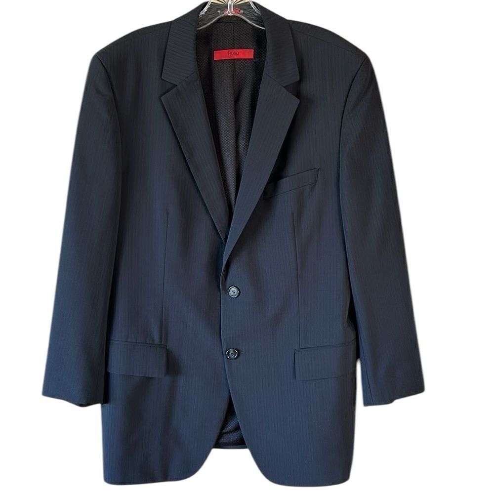 Hugo Boss Mens Navy Blue Pin Striped Center Vent 2 Button Sport Coat